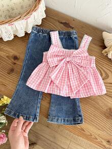 SHEIN 2pcs/Baby Girl's Plaid Camisole Top With 3D Bow And Embroidered Lace Trim, Paired With Flared Pants For A Stylish Vacation Outing Set - Pink - View 5