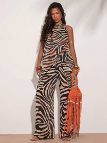 SHEIN BAE 雪纺飘逸斑马纹低腰阔腿裤，适合海滩度假、海岛俱乐部、音乐节、狂欢节派对、搭配性感透视上衣、沙滩裤、巴厘岛度假、伊比沙岛、沙滩长裤 - 彩色 - 查看 3