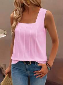 SHEIN LUNE Women's Sleeveless Wide Strap Square Neck Loose Fit Discounted Tank Top, Summer - Pink - View 6