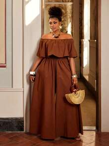 Maweii Plus Size Women's Chocolate Brown Off Shoulder Ruffle Wide Leg Jumpsuit, Elegant Fit For Spring & Summer Vacation & Casual Outings - Brown - View 5