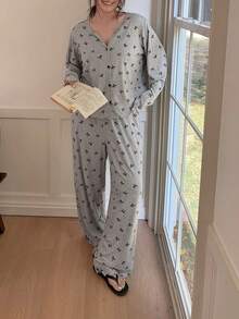 Dazy Plus 2pcs Plus Size Women Casual Bow Print Loose Pajama Set, Comfortable Home Wear For Spring & Autumn - Grey - View 5