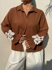 Dazy Plus Plus Size Women Brown Solid Color Loose Embroidered Decor Turndown Collar Long Sleeve Casual Shirt, Spring/Autumn Vacation Outfits Women - Khaki - View 8