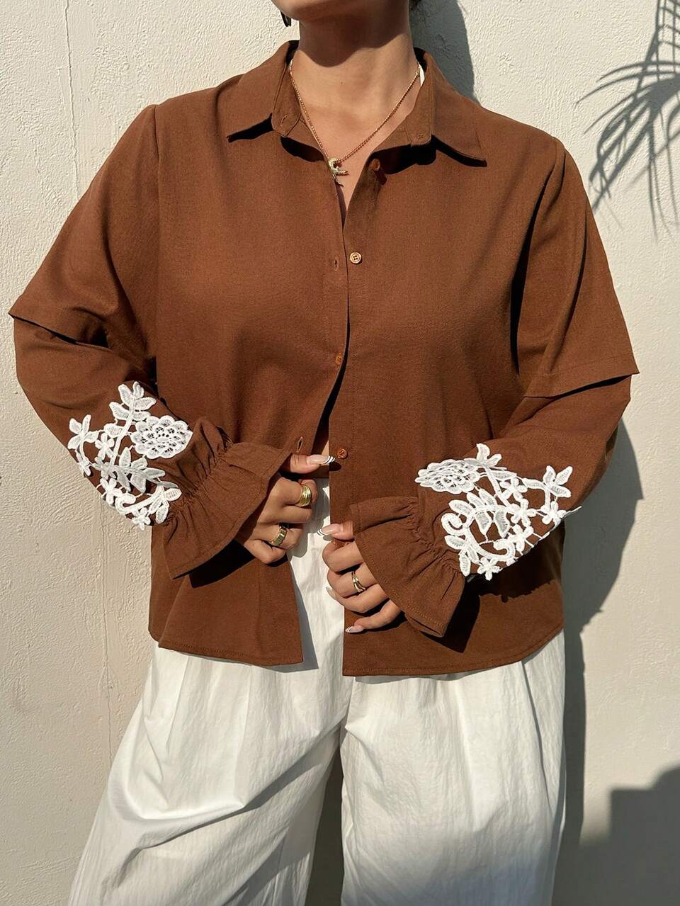 Dazy Plus Plus Size Women Brown Solid Color Loose Embroidered Decor Turndown Collar Long Sleeve Casual Shirt, Spring/Autumn Vacation Outfits Women