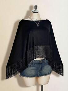 SHEIN ICON Áo kiểu nữ gợi cảm màu đen thời trang cổ bất đối xứng viền tua rua, thích hợp cho kỳ nghỉ. - màu đen - Xem 3