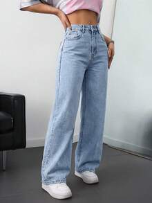 SHEIN ICON Plus Size Women Casual Pocket Straight Leg Jeans - Light Wash - View 5