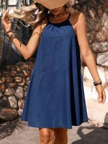 Breezaya Solid Color Spaghetti Strap Loose Casual Summer Versatile Denim Dress Spring Summer  Vacation - Dark Wash - View 3