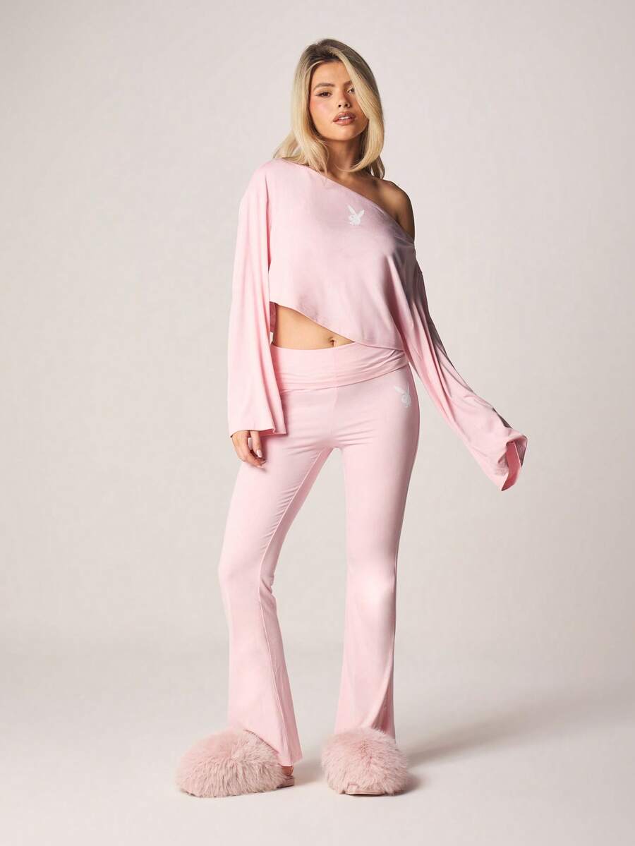 Missguided x Playboy 露肩长袖上衣搭配高腰喇叭裤家居服套装 - 淺粉色 - 查看 1