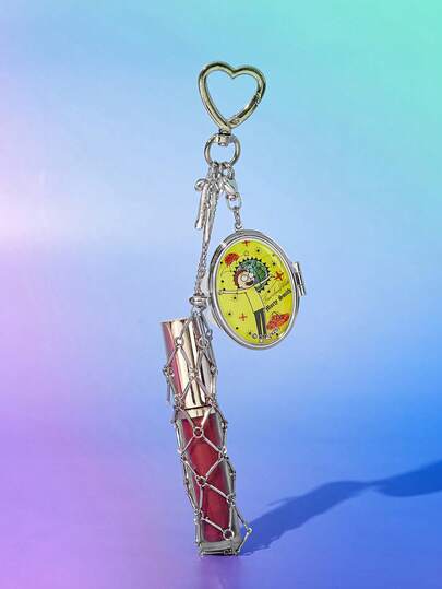 FanGlow Rick and Morty X SHEIN 1個 合金製シルバー楕円形両面ミニマルチファンクションコンパクトミラー、本物のリック・アンド・モーティグッズ、キーチェーン、コズミック要素モーティ・スミス/リック・サンチェスペンダント、リップクリームネットポーチオーガナイザー