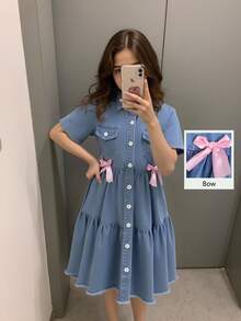 Elladie kids 少女短袖牛仔连衣裙，休闲舒适纽扣装饰蝴蝶结牛仔连衣裙，时尚街头风百搭轻盈面料，春夏新款 - 中等水洗藍 - 查看 7