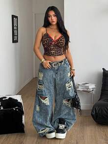 Coolane Women's Plus Summer Streetwear Y2K Western Wear Leopard Graphics Slim Fit Contrast Lace Camisole - Coffee Brown - View 6