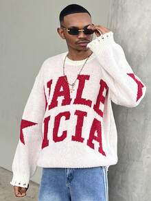 Ngobest Haus Ngobest Haus Distressed Hole Fringe Hem Casual Loose Unisex Knit Sweater With English Letter & Star Print, Round Neck, Drop Shoulder, Long Sleeve, Streetwear Style For Autumn/Winter - Apricot - View 5