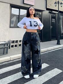 SHEIN ICON Quần jeans dáng suông rộng rãi, thoải mái, có túi trang trí hình ngôi sao năm cánh, cỡ lớn. - Rửa tối - Xem 5