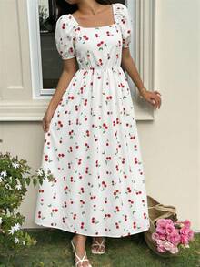 Reset Phase 1pc Girls Digital Cherry Print Long Puff Sleeve Waist Cinched Dress, Suitable For Daily Commute Outfit - White - View 2