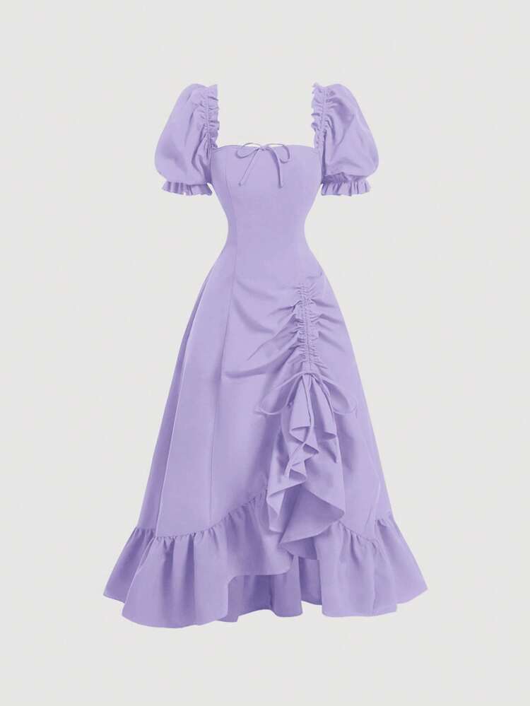 SHEIN MOD Purple Puff Sleeve Tie-Up Split Ruffle Hem Mid-Length Summer Dress  For Women, Tea Party Cute Cosy Cottagecore Style | SHEIN USA