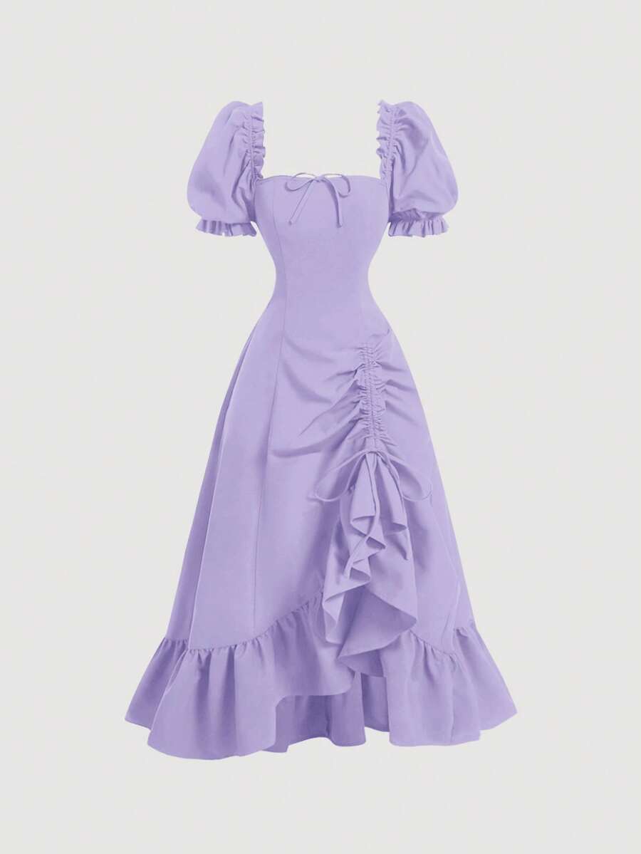 SHEIN MOD 紫色泡泡袖系带开衩荷叶边下摆中长连衣裙 - 紫色 - 查看 1