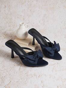 Enchnt Women's Bow Decor Pointed Toe Stiletto Heel Sandals, Party Style, Navy Blue Satin Material, Summer & Autumn - Navy Blue - View 2