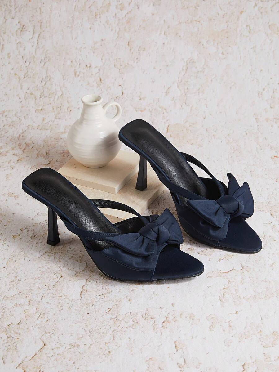 Enchnt Women's Bow Decor Pointed Toe Stiletto Heel Sandals, Party Style, Navy Blue Satin Material, Summer & Autumn