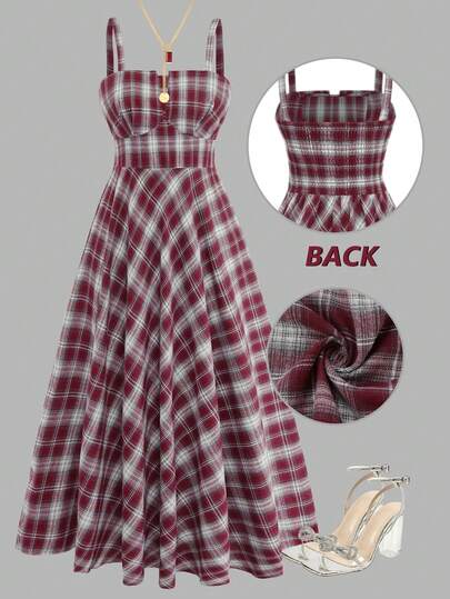 Franclia Plus Size Women's Sleeveless Plaid Print Cinched Waist A-Line Dress, Elegant And Sophisticated Outfit For Commute And Date Picnic Dress For Woman Checkered Dress Retro Dresses For Woman Vintage Dresses For Women Plaid Dress Women