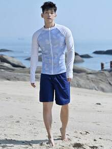DAZY Men's Slim Fit Raglan Sleeve Contrast Color Zipper Front Rash Guard, Summer Vacation - Multicolor - View 7