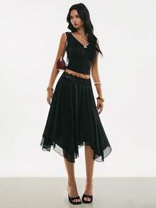 Poéselle Women's Elegant Contrast Lace Asymmetric Hem Skirt, Suitable For Dates And Commuting  Elegant Skirt  Valentine's Day Outfit  Daily & Date Night Essential   From Spring To Summer   Valentine's Day Outfit - Black - View 7