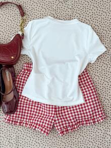 Teen Girl Casual Cute Cherry Print Crew Neck Snug Fit T-Shirt And Red & White Plaid Shorts Set - Red and White - View 2