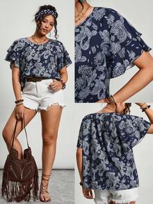 Freevana Áo kiểu dáng rộng rãi, tay bồng in họa tiết Paisley dành cho nữ cỡ lớn, phong cách mùa hè, đi nghỉ mát, lễ hội, ngày Valentine. - Màu xanh hải quân - Xem 1