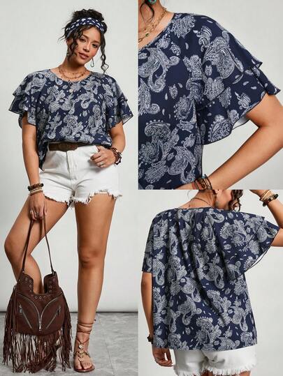 Freevana Plus Size Women Paisley Print Layered Sleeve Loose Blouse, Summer Vacation Style Carnival Outfit Party Valentine's Day