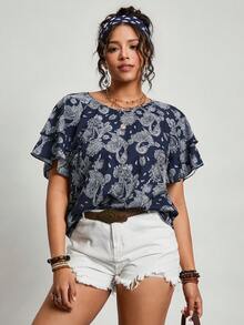 Freevana Áo kiểu dáng rộng rãi, tay bồng in họa tiết Paisley dành cho nữ cỡ lớn, phong cách mùa hè, đi nghỉ mát, lễ hội, ngày Valentine. - Màu xanh hải quân - Xem 6