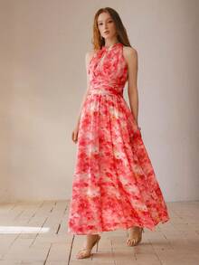 MOTF PREMIUM 女士优雅印花褶皱无袖连衣裙 - 紅色 - 查看 5