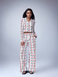 Y2Kool Maria Clara Maia Women's White Cupid All-Over Print Long-Sleeve Cropped Ribbed Top And Pants Pajama Set, Spring/Fall Style - White - View 3