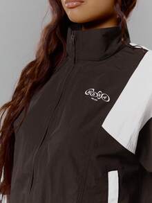 MUSERA Contrast Patch Shell Zip Through High Neck Tracksuit Jacket Top Spring, Girly, Day Outfits, Cute, Casual Sweet Pea - Multicolor - View 6