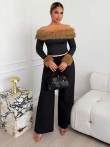 Maria Perezxox Fluffy Collar Splice Off Shoulder Long Sleeve T-Shirt, Fashionable And Elegant, Autumn/Winter - Multicolor - View 5