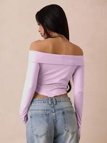 SHEIN Unity 女士纯色露肩长袖不对称下摆时尚上衣 - 淡紫色 - 查看 2
