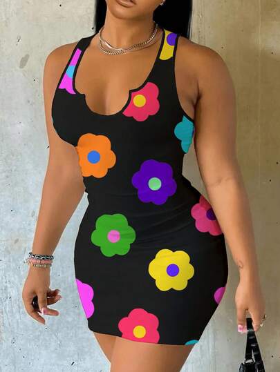 Slaydiva Women's Notched Neck Sleeveless Colorful Floral Pattern Casual Summer Mini Dress