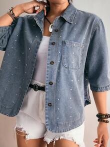 Freevana Áo sơ mi denim dáng suông tay lửng 3/4 đính đinh tán dành cho nữ cỡ lớn, thích hợp mặc mùa hè, mùa xuân, đi lễ hội, dự tiệc, đi biển, đi chơi, hẹn hò, dự tiệc cocktail, sự kiện trang trọng, kỳ nghỉ, văn phòng, công sở, đi làm, khách dự đám cưới và lễ hội miền Tây. - Màu xanh lam - Xem 4