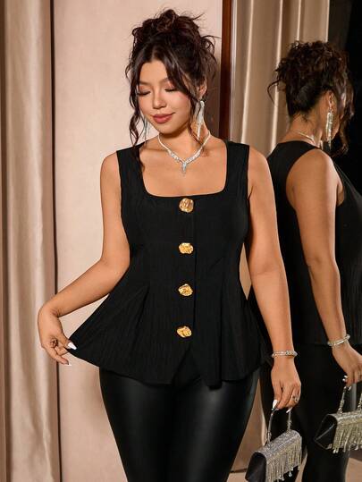 Cravure Plus Size Women's Elegant Collared Fitted Sleeveless Vest Top, Metal Button Design, Slimming Fit Blouse Suitable For Daily Commute, Outings, Gatherings, And Photo Shoots