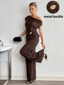 Siren Gaze 新款棕色肩部金属装饰衬衫和裤子时尚套装，女士款 - 棕色 - 查看 1