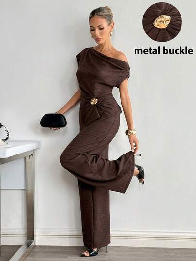 Siren Gaze Neuer brauner Damen Mode-Anzug mit Schulter-Metalldekoration aus Hemd und Hose