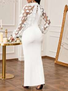 SHEIN Lady 大码女士优雅派对连衣裙，立领、灯笼袖、薄纱、3D贴花和鱼尾裙摆设计，适合春、夏、秋季穿着。 - 白色 - 查看 2