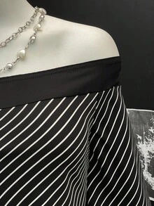 Jeanoix Women's Sexy Off Shoulder Striped Fabric Blouse - Black and White - View 4