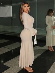 Maria Perezxox 女式优雅弹力修身鱼尾下摆荷叶边袖连衣裙，秋冬 - 卡其色 - 查看 6
