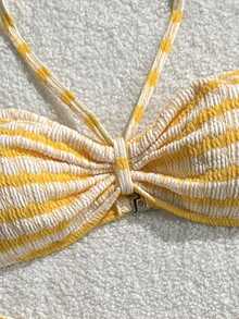 SHEIN 少女针织纹理吊带比基尼套装，夏季沙滩条纹挂脖比基尼套装，夏季假期 - 黃色 - 查看 9