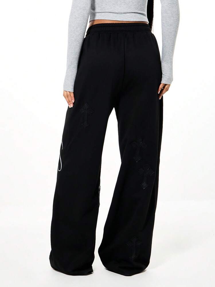 SUMWON WOMEN Wide Leg Drawstring Sweatpants With Letter Print Detail For Casual Comfort