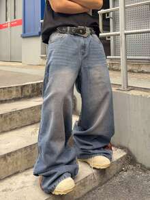 ROMWE MEN Men's Casual Fashion Street Embroidered Loose Wide-Leg Jeans, Belt Not Included Spring/Summer - Blue - View 3