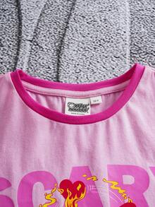 SHEIN HOT STUFF Tween Girl Casual Everyday Commute Cartoon Letter Print Ringer Crop Tee, Summer - Hot Pink - View 6