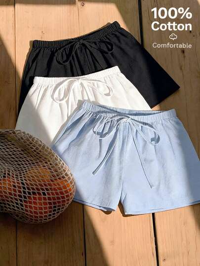 GlowEve 3 Stücke Damen Lässig einfarbige Shorts Set mit elastischem Bund und Kordelzug, geeignet für den täglichen Gebrauch