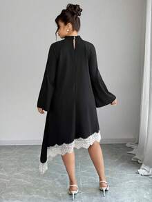 Elenzga Plus Size Black Bell Sleeve Asymmetric Hem Lace Patchwork Dress, Fashion For Autumn/Winter Fall - Black - View 2