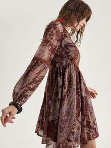 Frievida Bohemian Style Chiffon Loose Vacation Ruffled Patchwork Long Sleeve Dress - Multicolor - View 2
