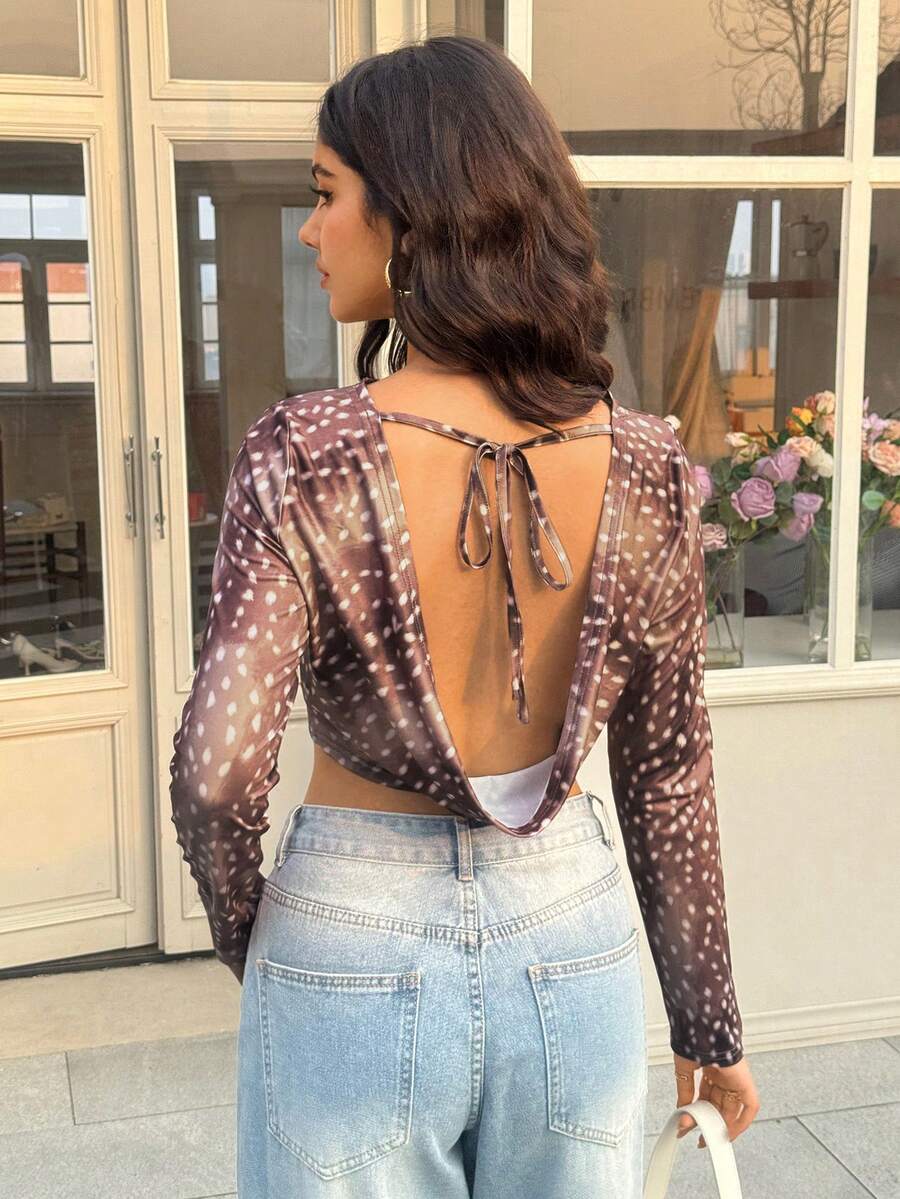 Aidyla 1pc Women's Fashionable Long Sleeve Tie Back Blouse - Multicolor - View 1