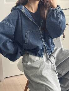 FRIFUL 女士纯色简约日常长袖牛仔外套 - 藍色 - 查看 6